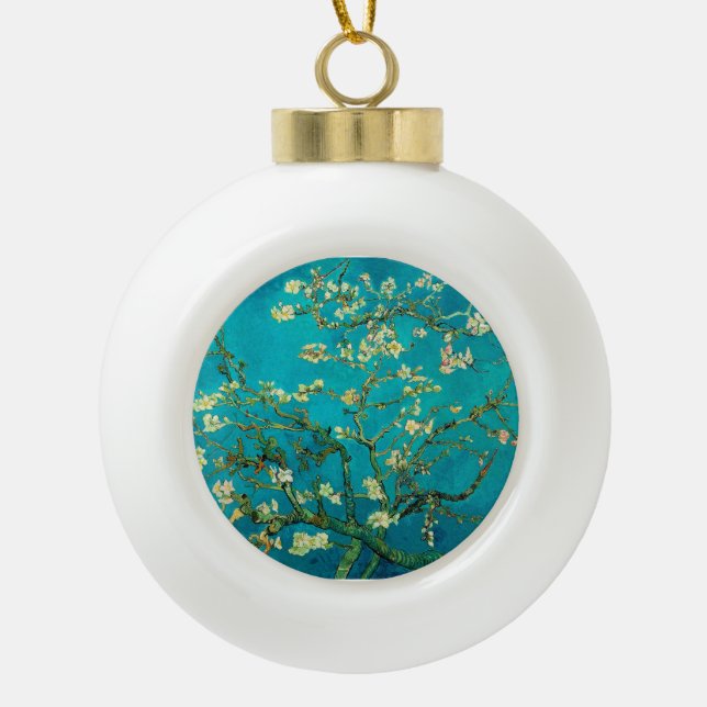 Vincent Van Gogh Blossoming Almond Tree Floral Art Ceramic Ball Christmas Ornament (Front)