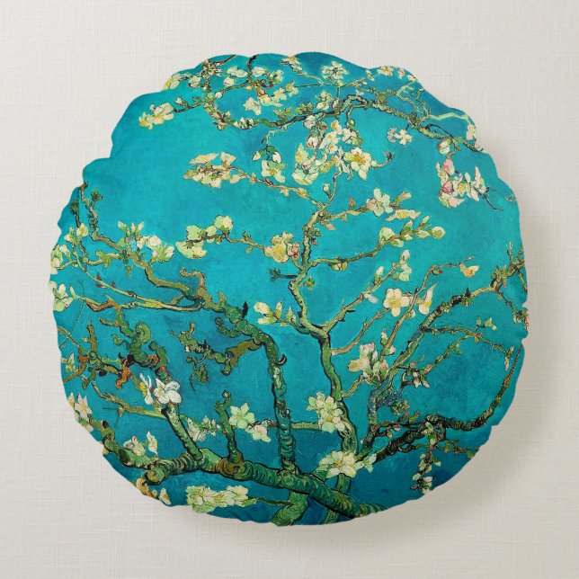 Vincent Van Gogh Blossoming Almond Tree Floral Art Round Cushion (Front)