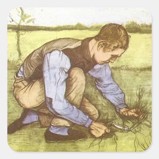 Vincent van Gogh - Boy Cutting Grass with Sickle Square Sticker (Front)