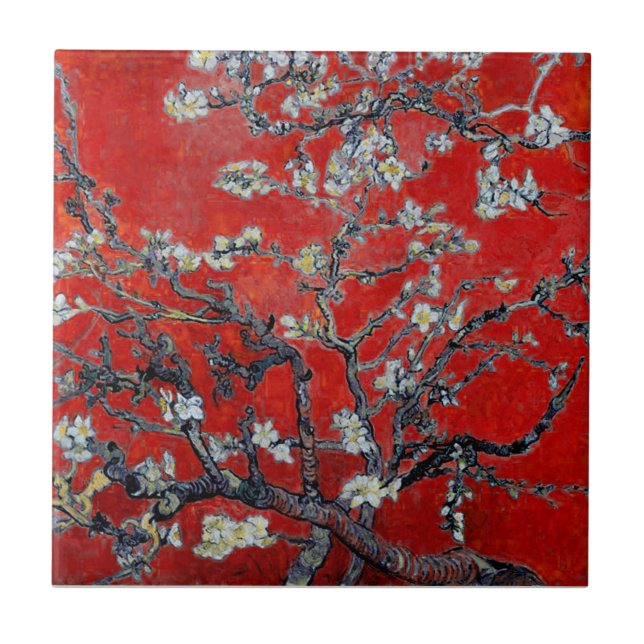 Vincent van Gogh Branches with Almond Blossom Red Tile (Front)