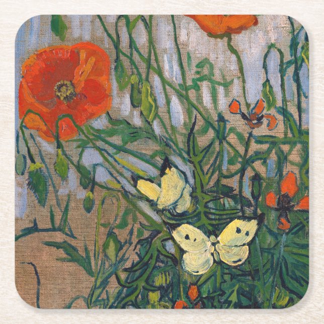 Vincent van Gogh - Butterflies and Poppies Square Paper Coaster (Front)