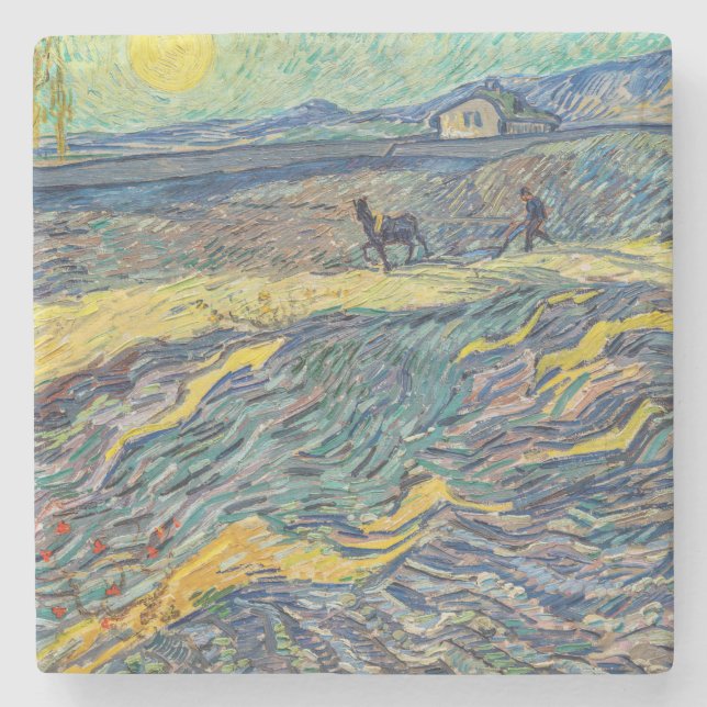 Vincent van Gogh - Field with ploughing farmers Stone Coaster (Front)