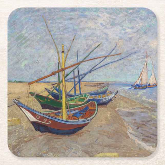 Vincent van Gogh - Fishing Boats on the Beach Square Paper Coaster (Front)