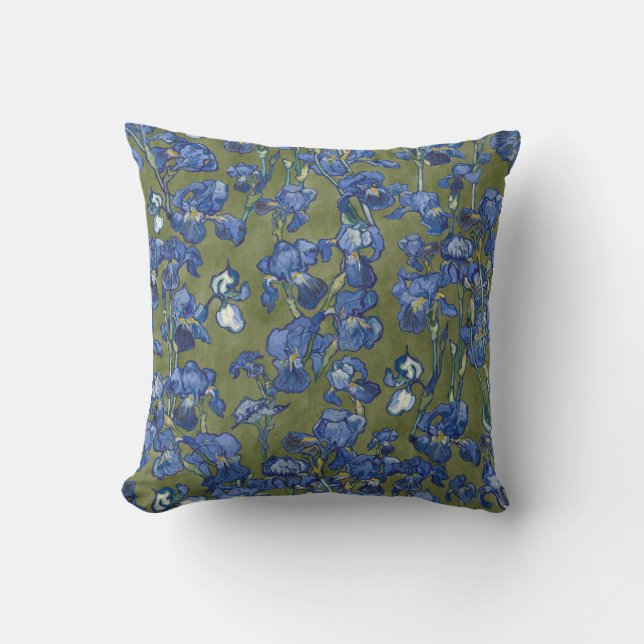 Vincent Van Gogh Irises Cobalt Blue Olive Green Cushion (Front)