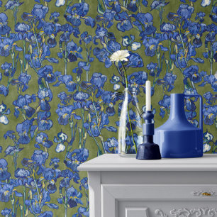Vincent Van Gogh Irises Cobalt Blue Olive Green Wallpaper