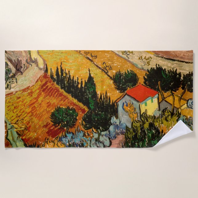 Vincent van Gogh - Landscape, House and Ploughman Beach Towel (Front)