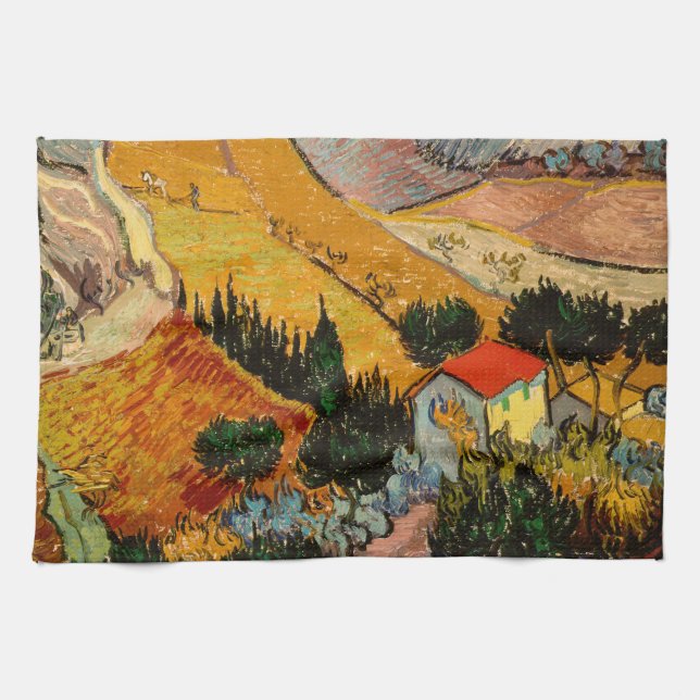 Vincent van Gogh - Landscape, House and Ploughman Tea Towel (Horizontal)