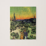 Vincent Van Gogh - Landscape With Couple Fine Art Jigsaw Puzzle<br><div class="desc">Vincent Van Gogh's Landscape With Couple Walking And Crescent Moon. Oil on canvas from 1890 showing a couple, with the red-headed man considered to be Van Gogh himself, walking through an orchard of olive trees under a twilight sky with a crescent moon, cypresses and mountains in the background. Unlike similar...</div>