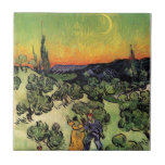 Vincent Van Gogh - Landscape With Couple Fine Art Tile<br><div class="desc">Vincent Van Gogh's Landscape With Couple Walking And Crescent Moon. Oil on canvas from 1890 showing a couple, with the red-headed man considered to be Van Gogh himself, walking through an orchard of olive trees under a twilight sky with a crescent moon, cypresses and mountains in the background. Unlike similar...</div>