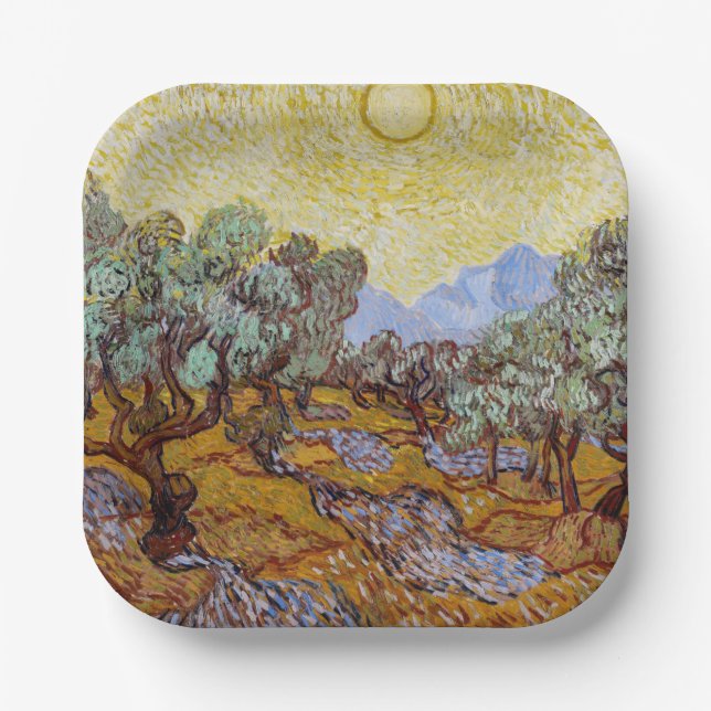 Vincent van Gogh - Olive Trees, Yellow Sky and Sun Paper Plate (Front)