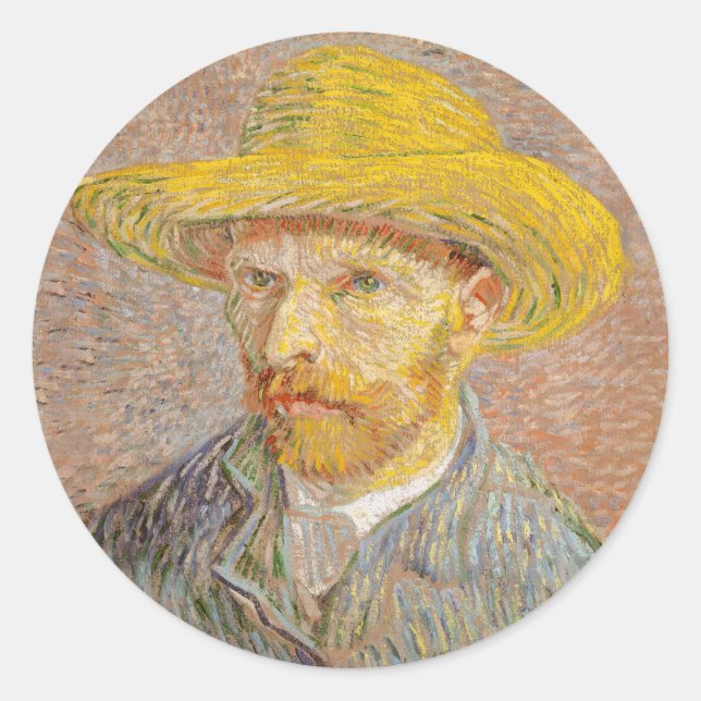 Vincent Van Gogh Self Portrait Straw Hat Classic Round Sticker (Front)
