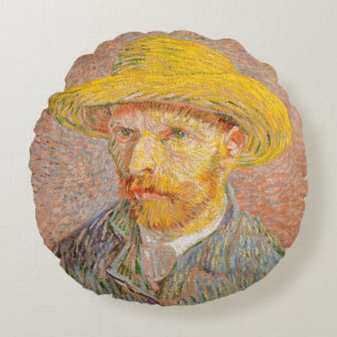 Vincent Van Gogh Self Portrait Straw Hat Round Cushion