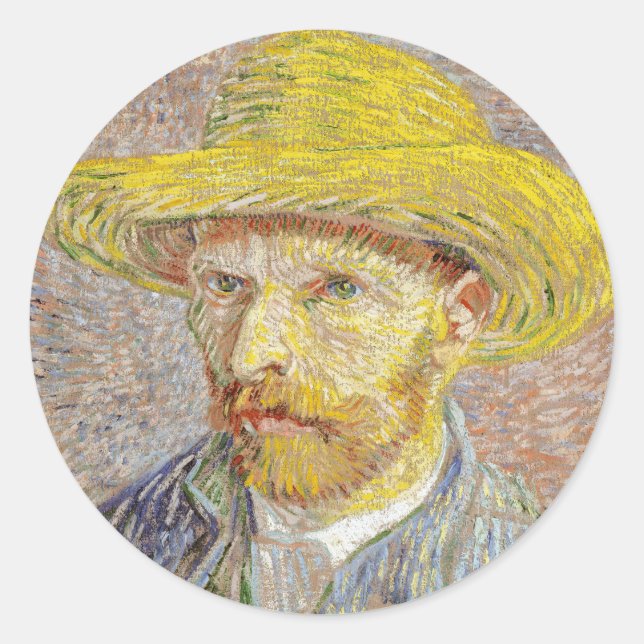Vincent van Gogh - Self-portrait with Straw Hat Classic Round Sticker (Front)