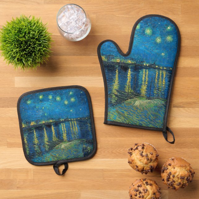 Vincent Van Gogh Starry Night Over the Rhone Oven Mitt & Pot Holder Set (Top Down)