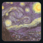 Vincent van Gogh - Starry Night Square Sticker<br><div class="desc">Starry Night (1889) by Vincent van Gogh is a vintage post impressionism fine art landscape nature painting. A view of a city in a valley at night with the clouds swirling, the stars shining and a beautiful golden yellow crescent moon. It was painted during the day from memory and is...</div>