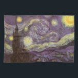 Vincent van Gogh - Starry Night Tea Towel<br><div class="desc">Starry Night (1889) by Vincent van Gogh is a vintage post impressionism fine art landscape nature painting. A view of a city in a valley at night with the clouds swirling, the stars shining and a beautiful golden yellow crescent moon. It was painted during the day from memory and is...</div>