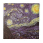 Vincent van Gogh - Starry Night Tile<br><div class="desc">Starry Night (1889) by Vincent van Gogh is a vintage post impressionism fine art landscape nature painting. A view of a city in a valley at night with the clouds swirling, the stars shining and a beautiful golden yellow crescent moon. It was painted during the day from memory and is...</div>