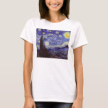 Vincent Van Gogh Starry Night Vintage Fine Art T-Shirt<br><div class="desc">Vincent van Gogh Starry Night Fine Art Painting Starry Night is a painting by Dutch post-impressionist artist Vincent van Gogh. The blue night sky is filled with swirling clouds, stars, and a bright crescent moon. The Starry Night is the only nocturne in the series of views from his bedroom window....</div>