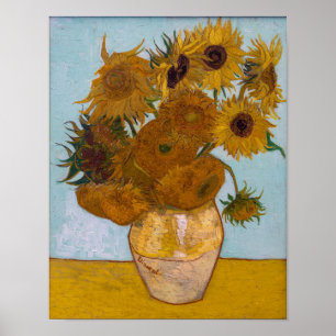 Vincent Van Gogh Sunflowers Blue Background Poster
