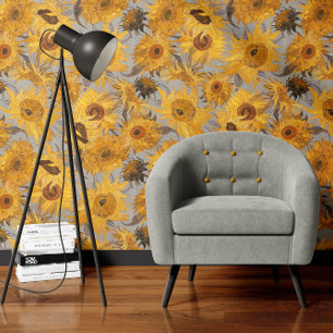 Vincent Van Gogh Sunflowers Grey Yellow Wallpaper