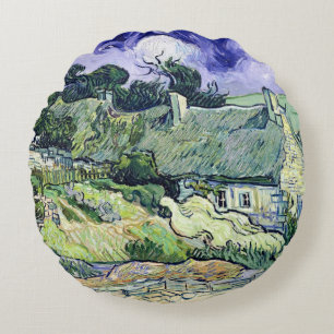 Vincent van Gogh Thatched cottages at Cordeville Round Cushion