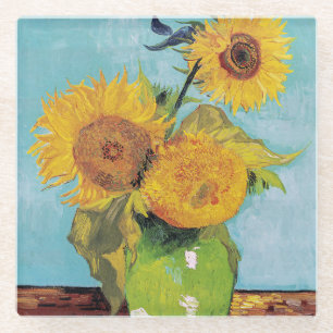 Vincent Van Gogh - Three Sunflowers in a Vase Glass Coaster