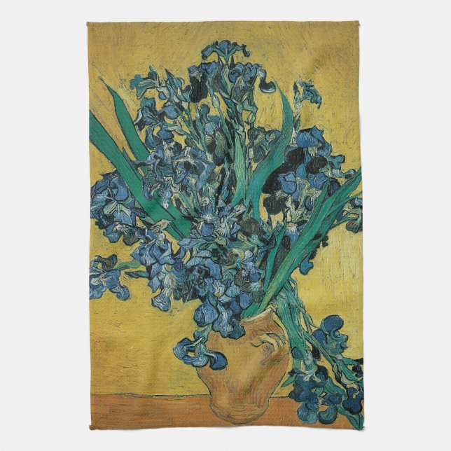 Vincent van Gogh - Vase w Irises Yellow Background Tea Towel (Vertical)