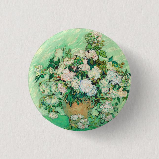 Vincent Van Gogh Vase with Pink Roses Fine Art 3 Cm Round Badge (Front)
