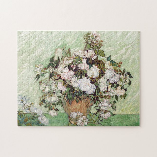 Vincent Van Gogh Vase With Pink Roses Floral Art Jigsaw Puzzle (Horizontal)