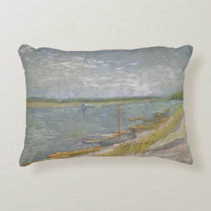 Vincent van Gogh - View of a River w Rowing Boats Decorative Cushion