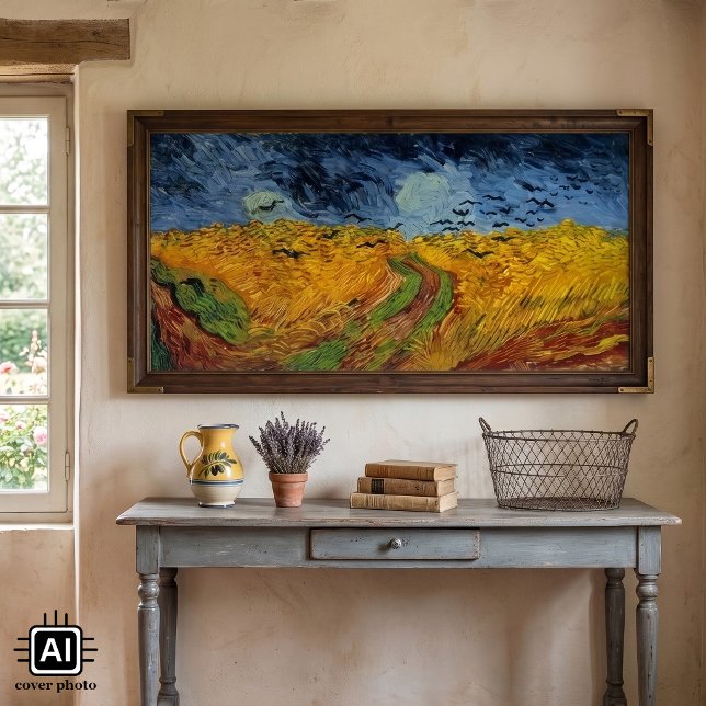 Vincent van Gogh Wheat Field with Crows Poster (Wheat Field with Crows by Vincent van Gogh is a vintage fine art post impressionism painting.)