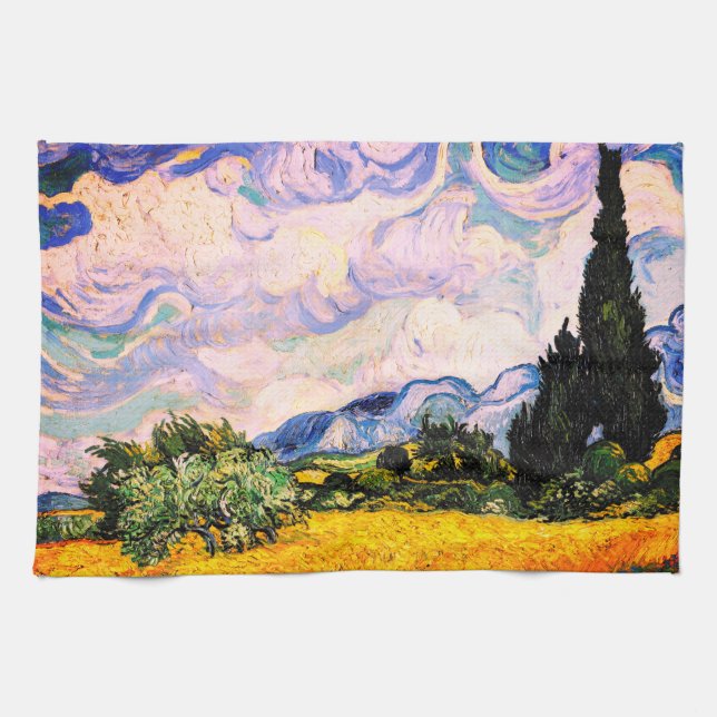 Vincent Van Gogh Wheat Field with Cypresses  Tea Towel (Horizontal)
