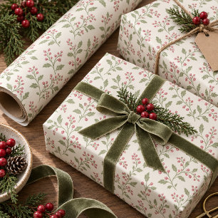 Vine & Berry Christmas Pattern Sage Cran ID1337 Wrapping Paper