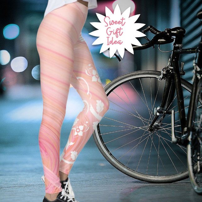 Vine & Flower Scroll Over Peach and Pink Spiralled Leggings (Pink and peach spirals wrap these leggings with a slight white floral addition for you or as a gift.)