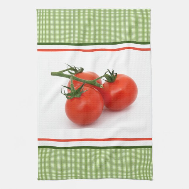 Vine Ripe Fresh Tomatoes on Green Kitchen Tea Towel (Vertical)