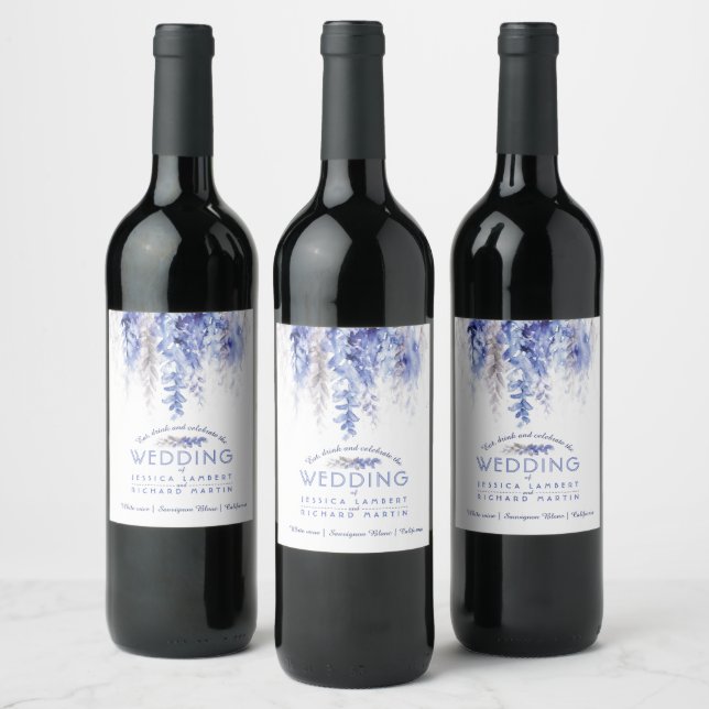Vine watercolor dark blue grey white wedding wine label (Bottles)