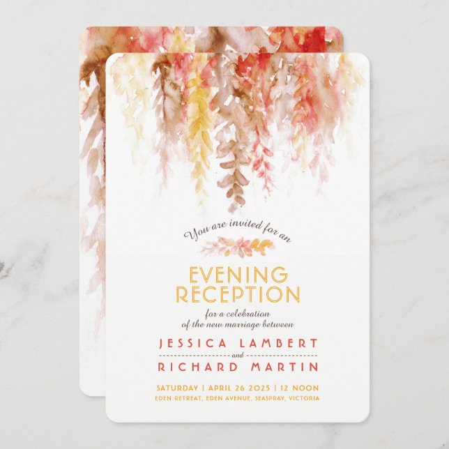 Vines coral red brown wedding evening reception invitation (Front/Back)