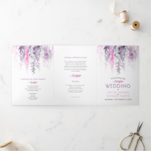 Vines indigo purple pink watercolor wedding Tri-Fold programme