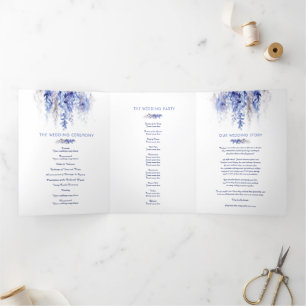 Vines winter blue grey watercolor wedding Tri-Fold programme