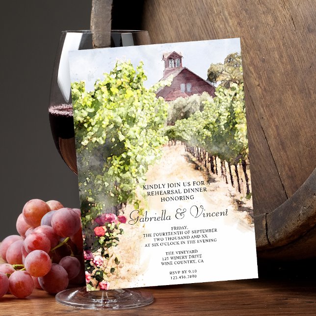 Vineyard and Red Barn Watercolor Rehearsal Dinner Invitation (Perfect inspo for a wine tasting party or vineyard wedding rehearsal dinner theme.)
