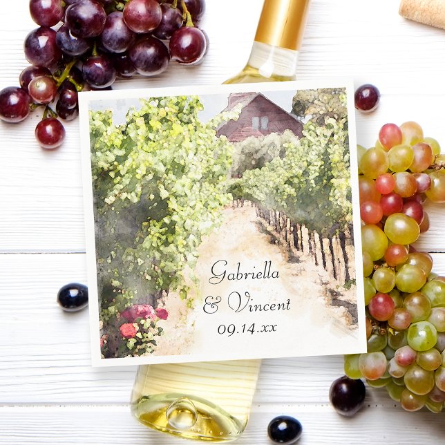 Vineyard and Red Barn Watercolor Wedding Napkin (Perfect inspo for your vineyard marriage reception cocktail hour or winery bridal shower.)