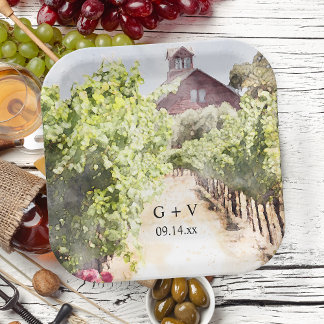 Vineyard and Red Barn Watercolor Wedding Paper Plate