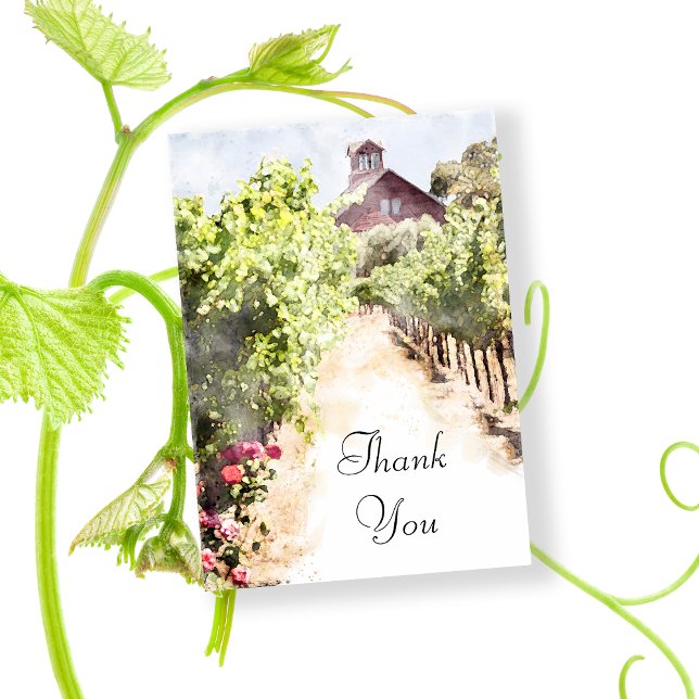 Vineyard and Red Barn Watercolor Wedding Thank You (Say thanks after your winery wedding or shower with the Vineyard and Red Barn Thank You Note Card.)