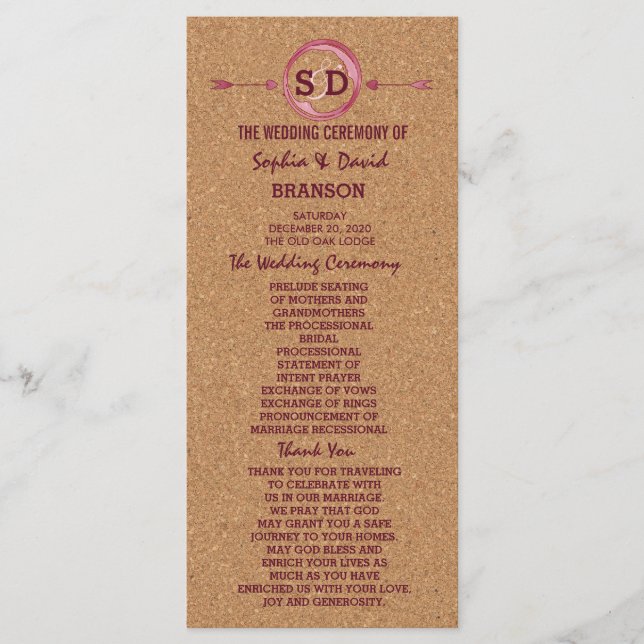 Vineyard Cork Stains Red Wine Wedding Menu (Front)