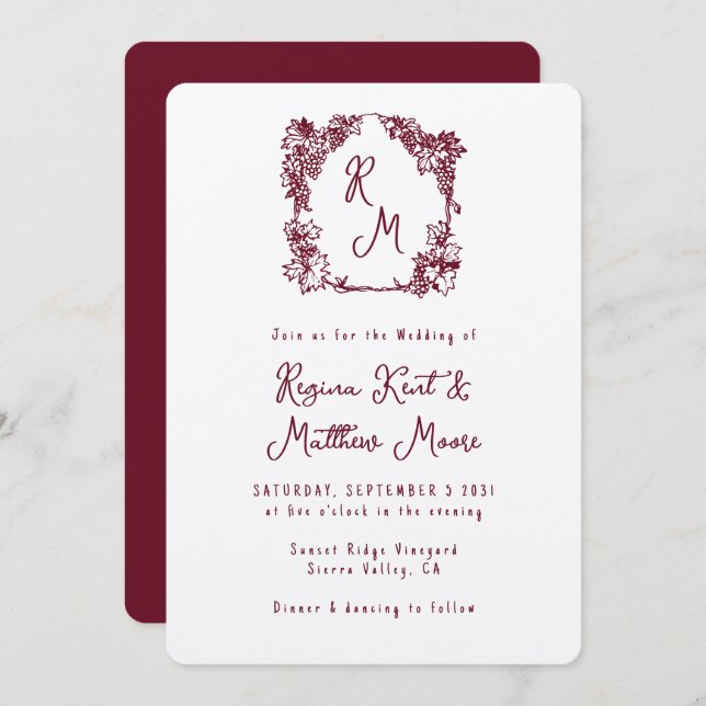 Vineyard Crest Monogram Burgundy Wine Wedding Invitation (Front/Back)