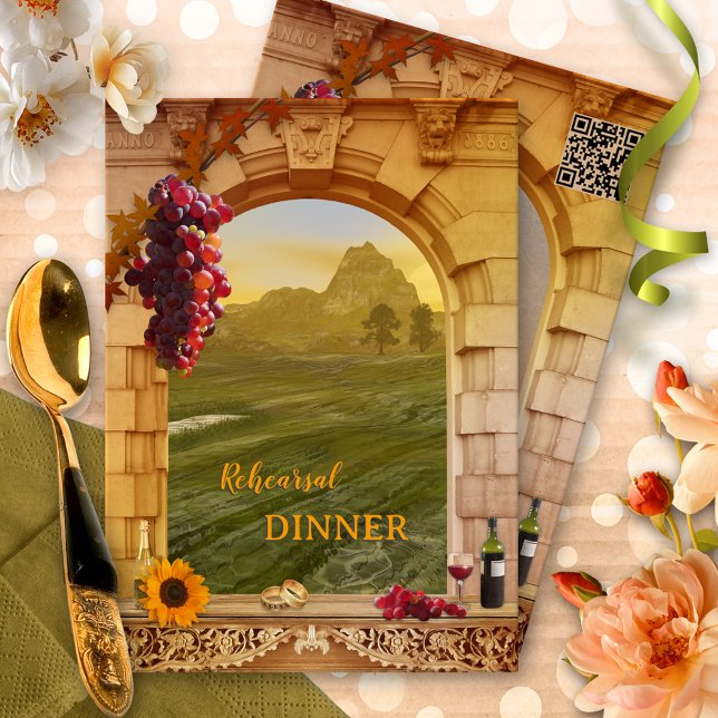 Vineyard Fall Wedding Rehearsal Dinner Invitation (A classic Rehearsal Dinner invitation showing an Italian style landscape with a Roman arch and wine)