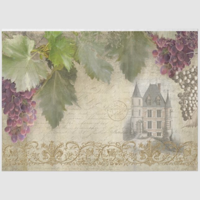 Vineyard French Chateau Grapes Script Ephemera  Tissue Paper (Front)