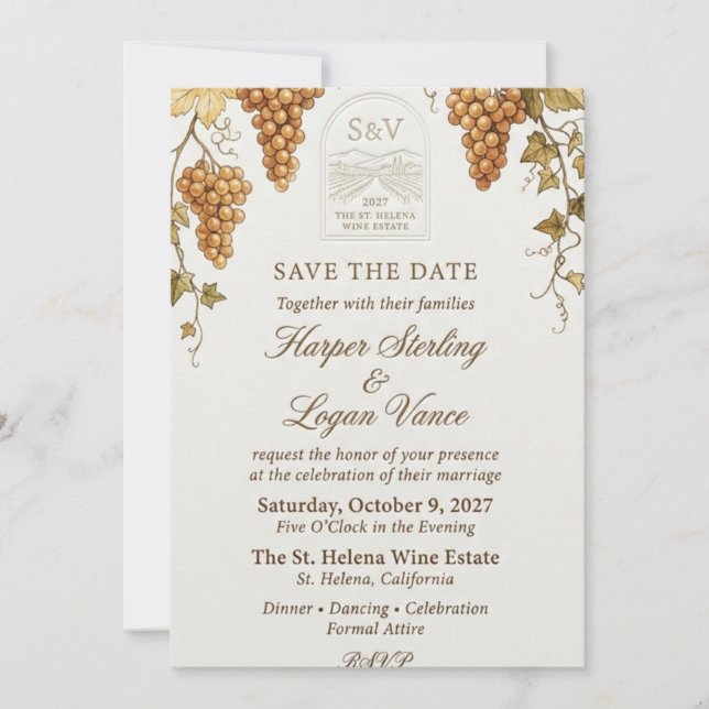 Vineyard Grape Clusters, Wine Estate Arch, and Wat Invitation (Front)