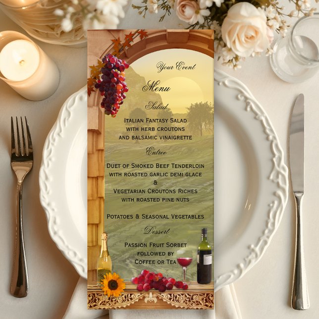 Vineyard or Wine Themed Menu Card (Wedding menu card in vintage Italian style with a winery or vineyard theme)