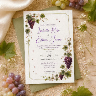Vineyard Purple Grapes Elegant Watercolor Wedding Invitation